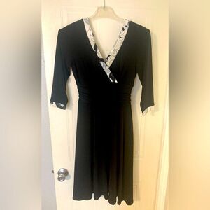 SANDRA DARREN Black V Neck and Back Satin Vintage Trim Pleated Waistline Size 10